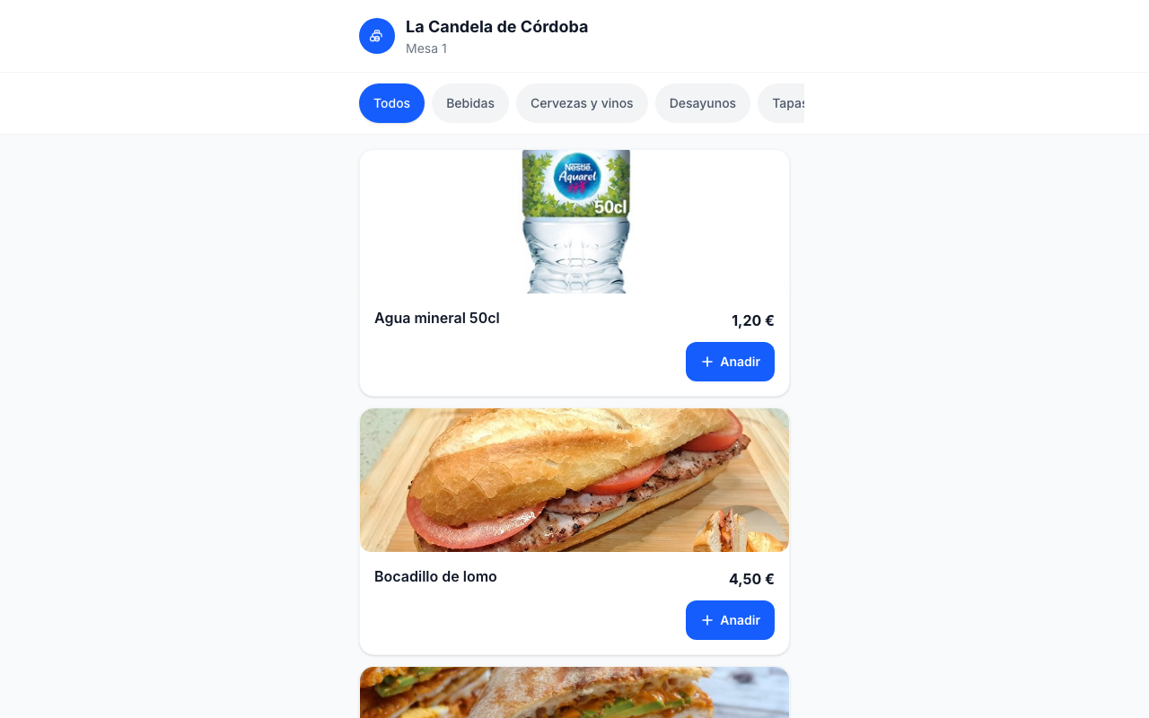Carta digital QR de FactuTPV con productos de hostelería y categorías