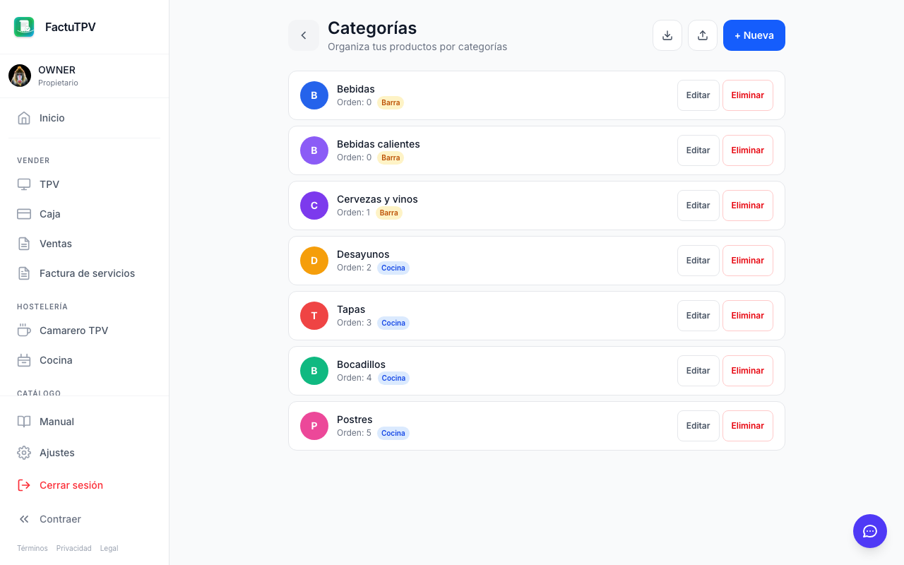 Categorías de productos organizadas para carta digital QR en FactuTPV
