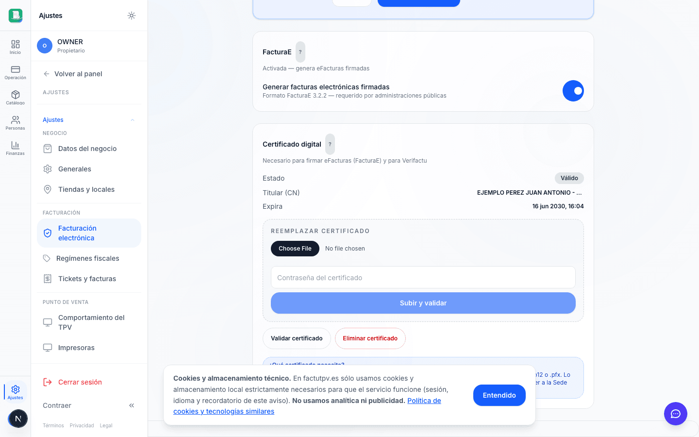 Resultado del botón Validar: NIF del cert y del tenant coinciden, checkmark verde