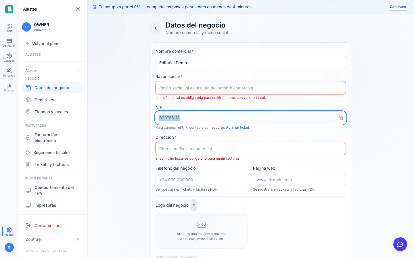 Pantalla Ajustes → Datos del negocio con campo Razón social vacío y un warning