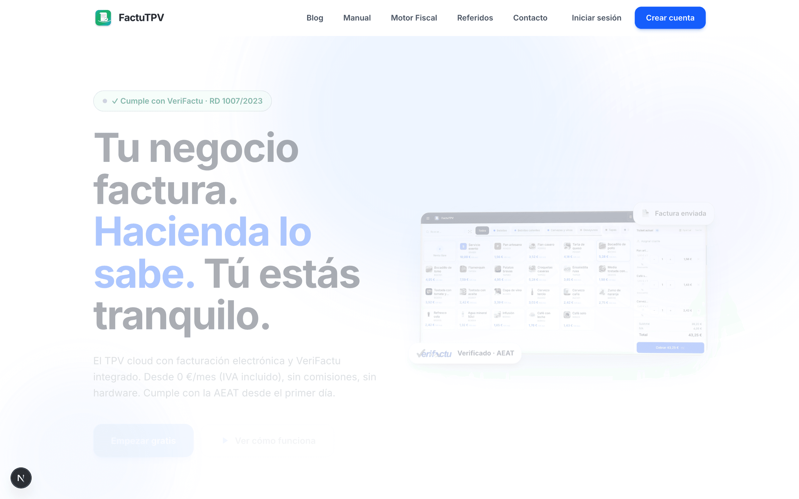 Página de inicio de FactuTPV con el sello de cumplimiento VeriFactu RD 1007/2023