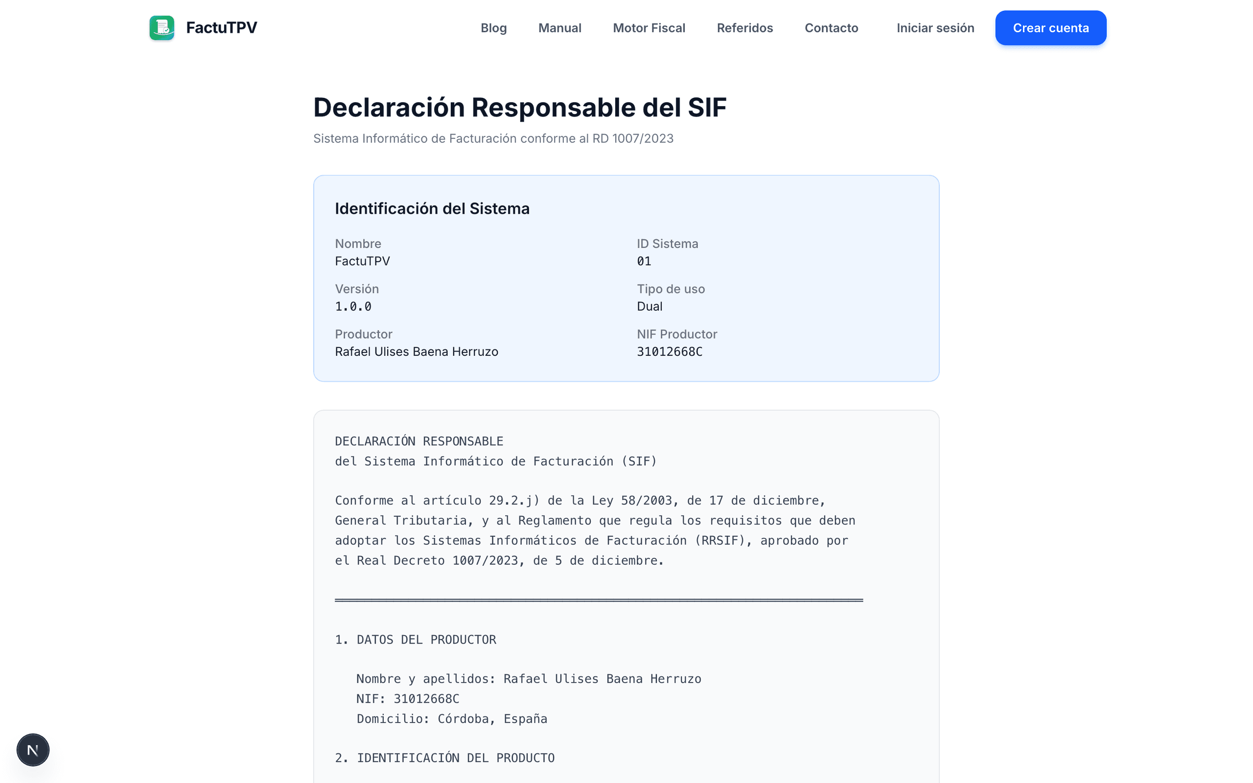 Declaración responsable del SIF con identificación del sistema de FactuTPV