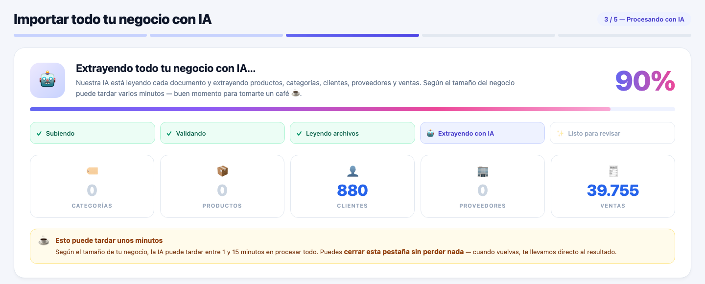Importador con IA de FactuTPV procesando archivos para migrar el catálogo entero
