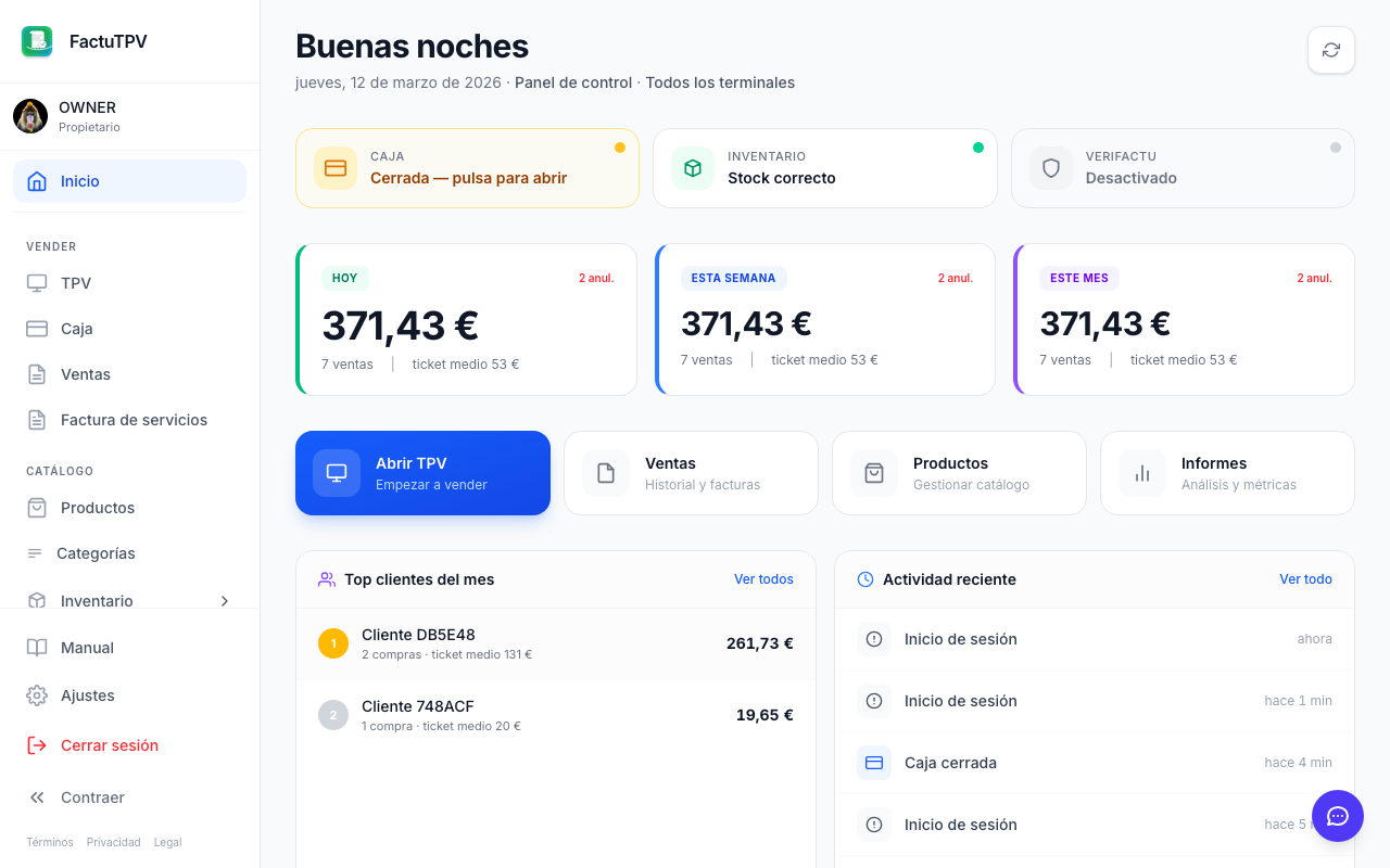 Panel de control de FactuTPV