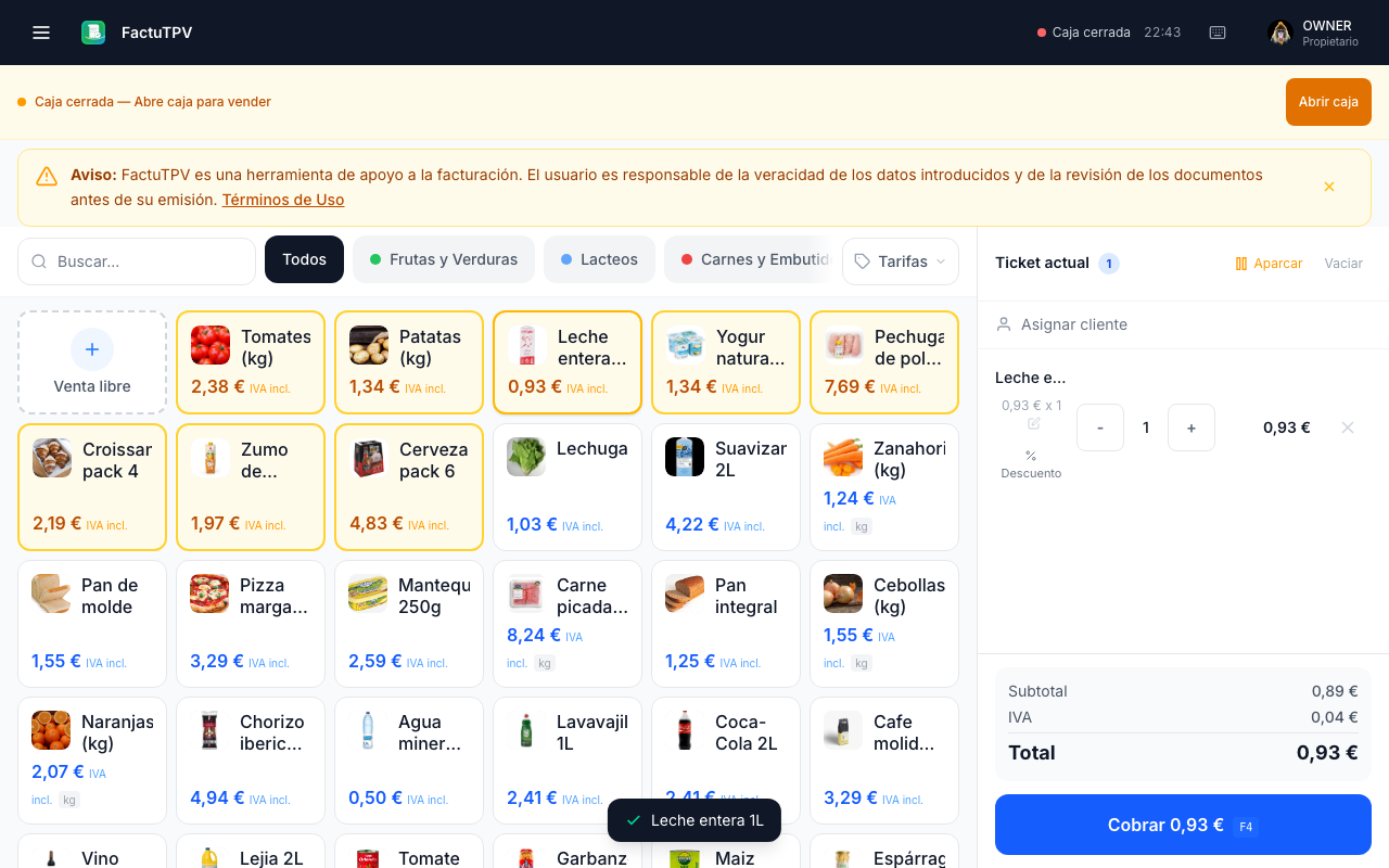 Interfaz del punto de venta de FactuTPV con catálogo de productos y carrito