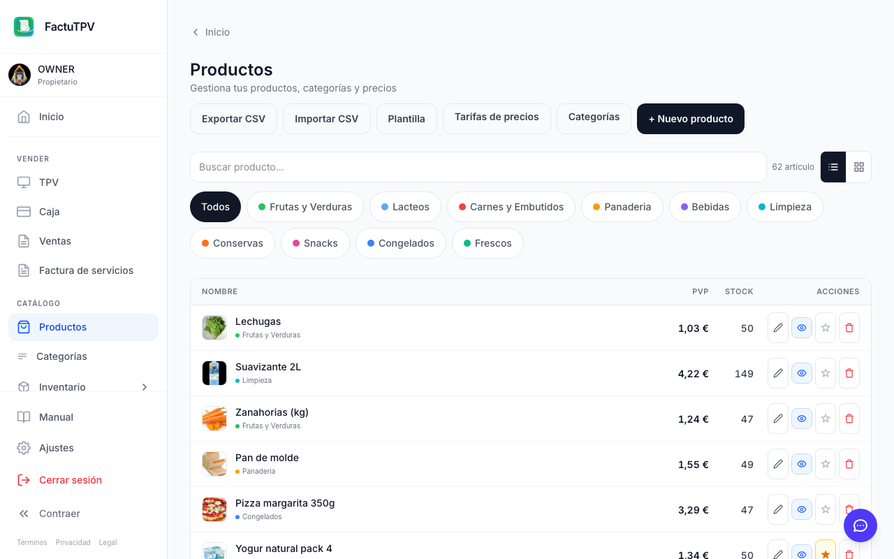 Catálogo de productos en FactuTPV con importación masiva