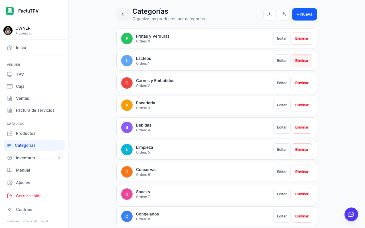 Gestión de categorías de productos en FactuTPV