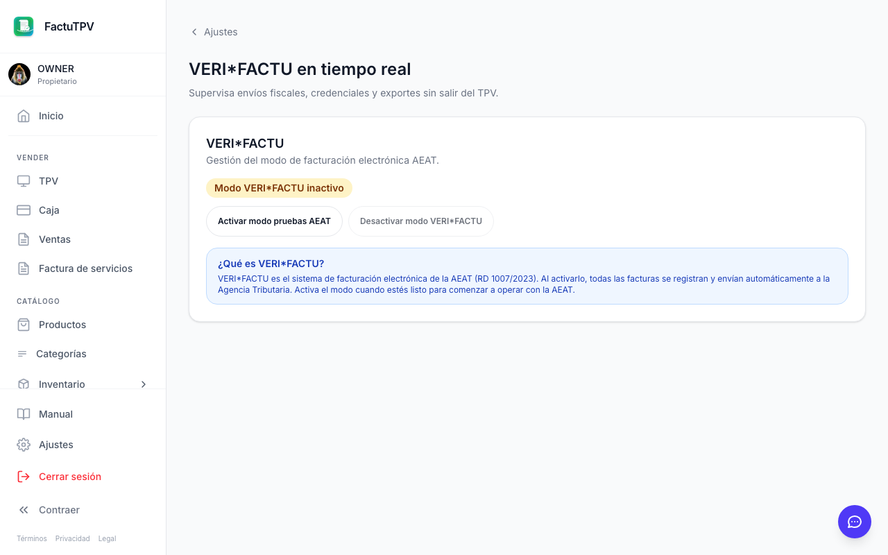 Panel de VeriFactu en FactuTPV con registros fiscales enviados a la AEAT