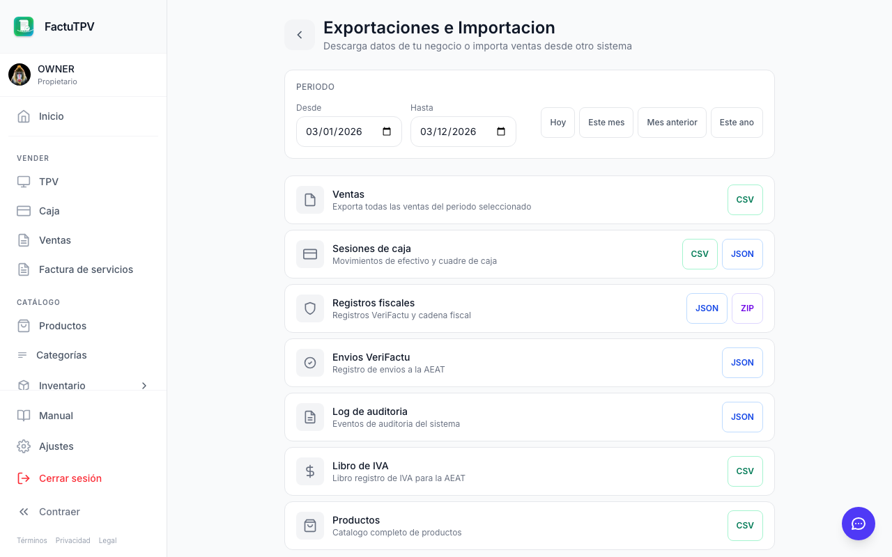 Pantalla de exportaciones