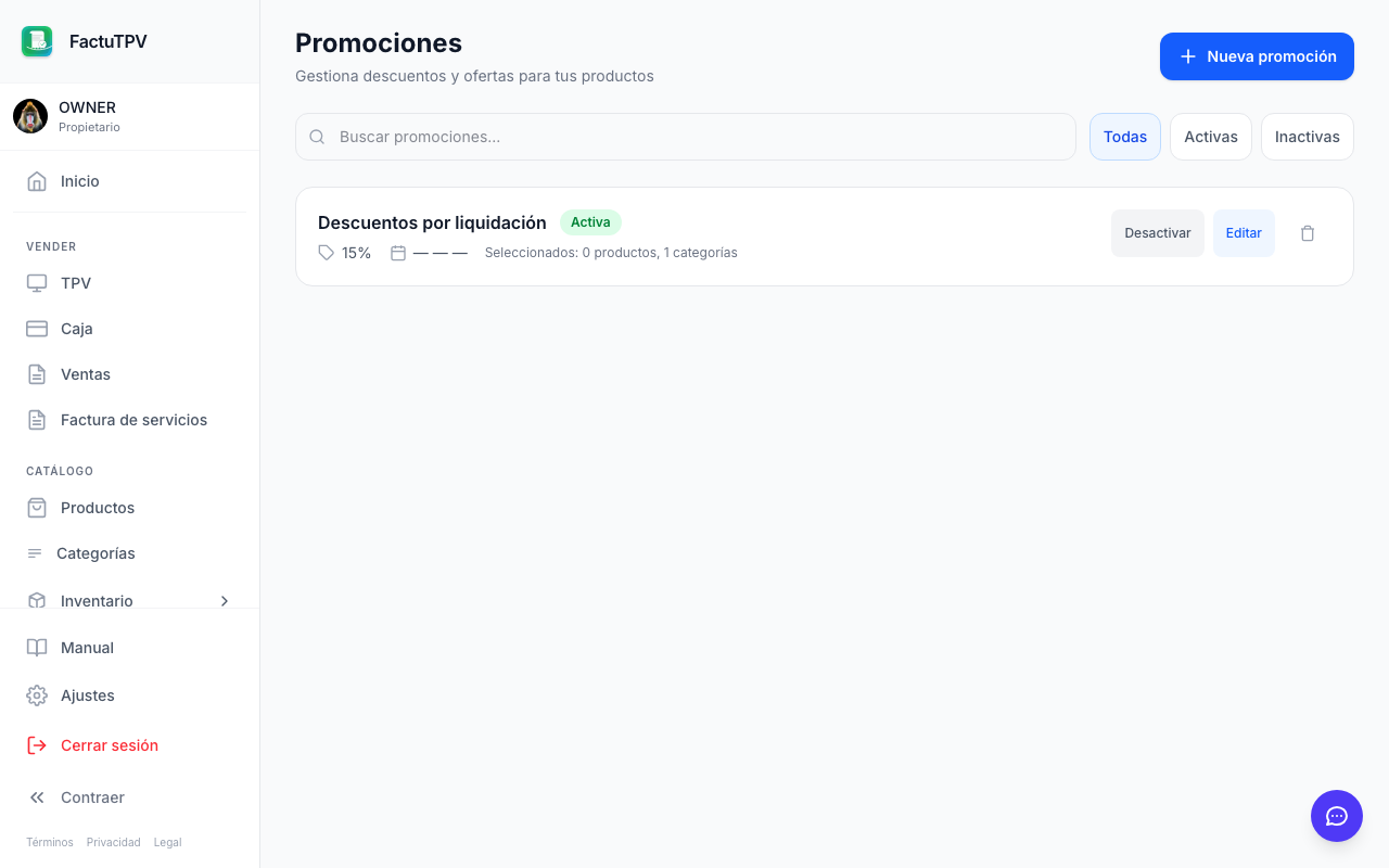 Panel de promociones activas