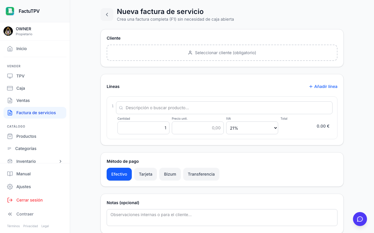 Formulario de nueva factura de servicio