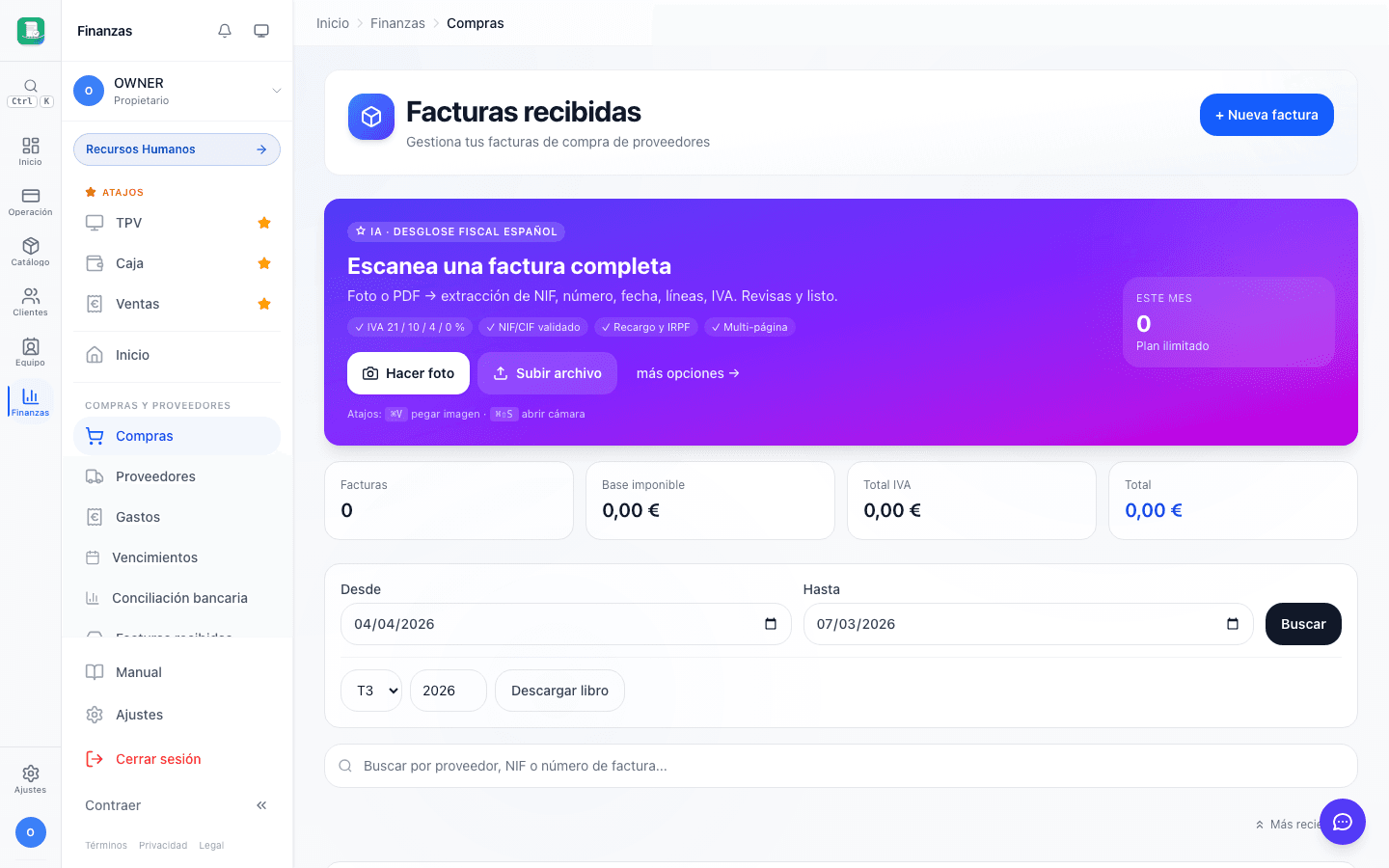 Libro registro de facturas recibidas con OCR de tickets