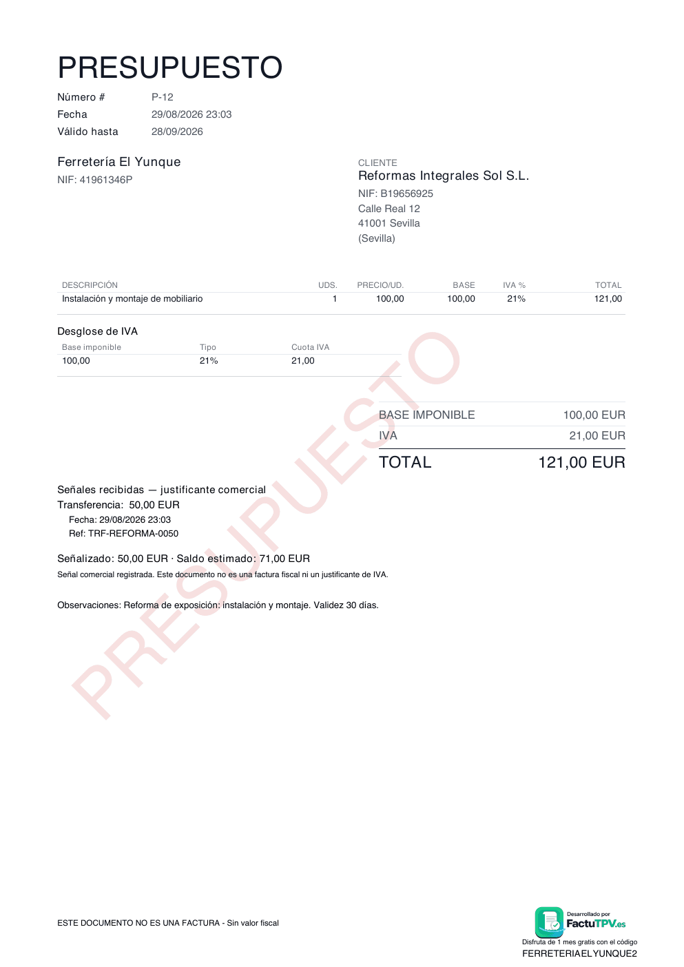 Presupuestos, señales y cobros pendientes: Presupuesto PDF con señal registrada