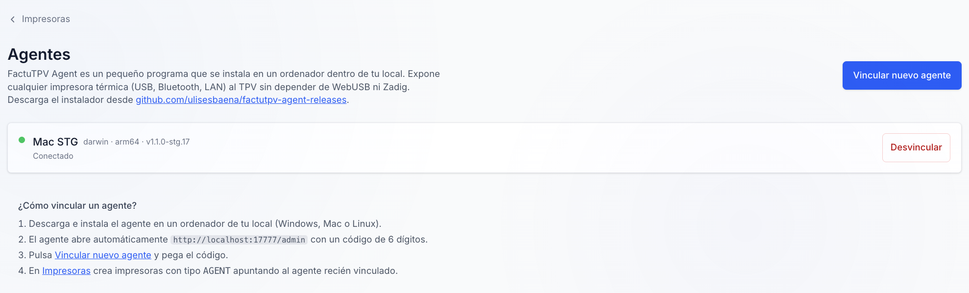 Lista de agentes vinculados en Ajustes → Impresoras → Agentes mostrando Mac STG (darwin arm64) conectado