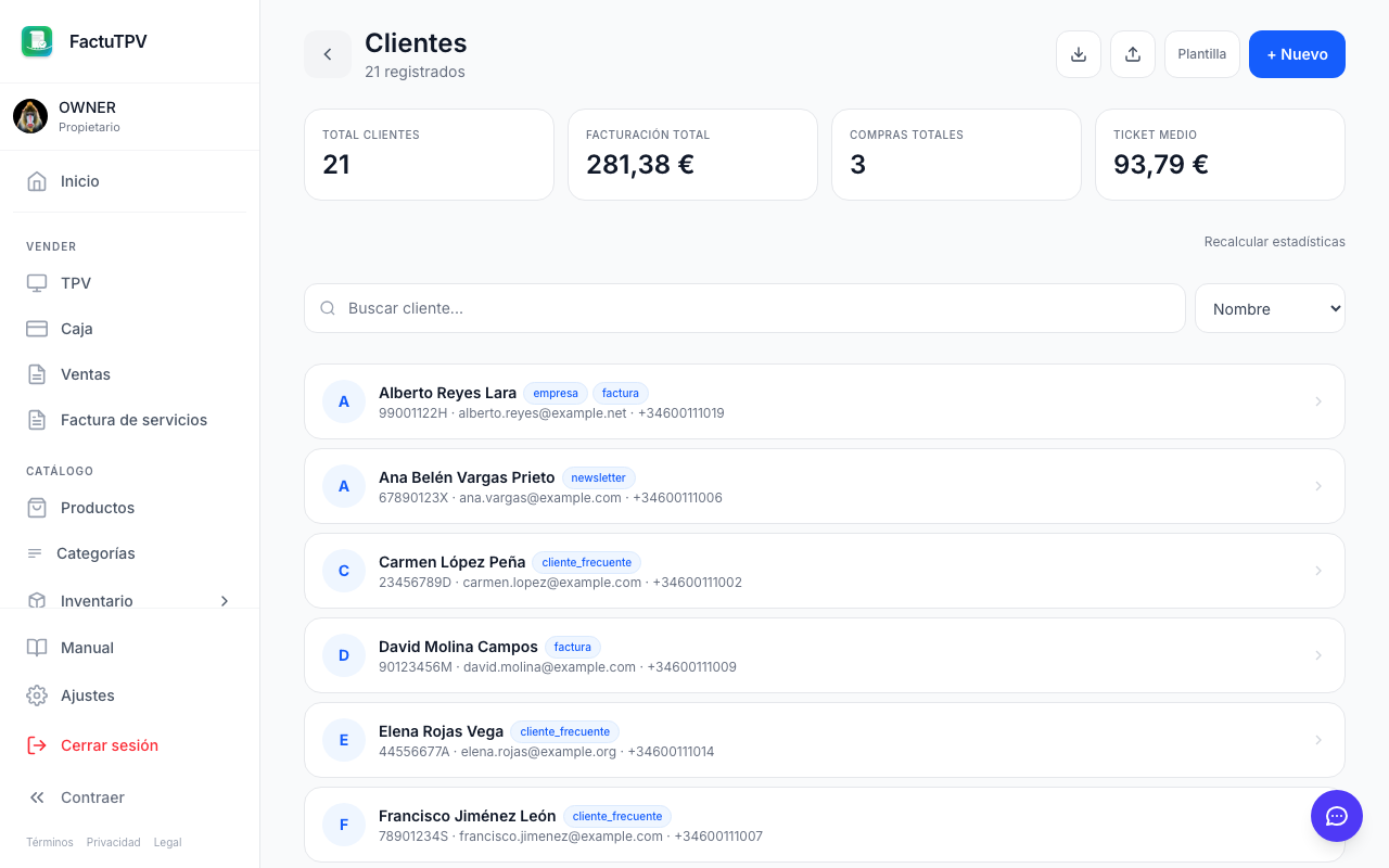 CRM de clientes en FactuTPV con datos de contacto e historial