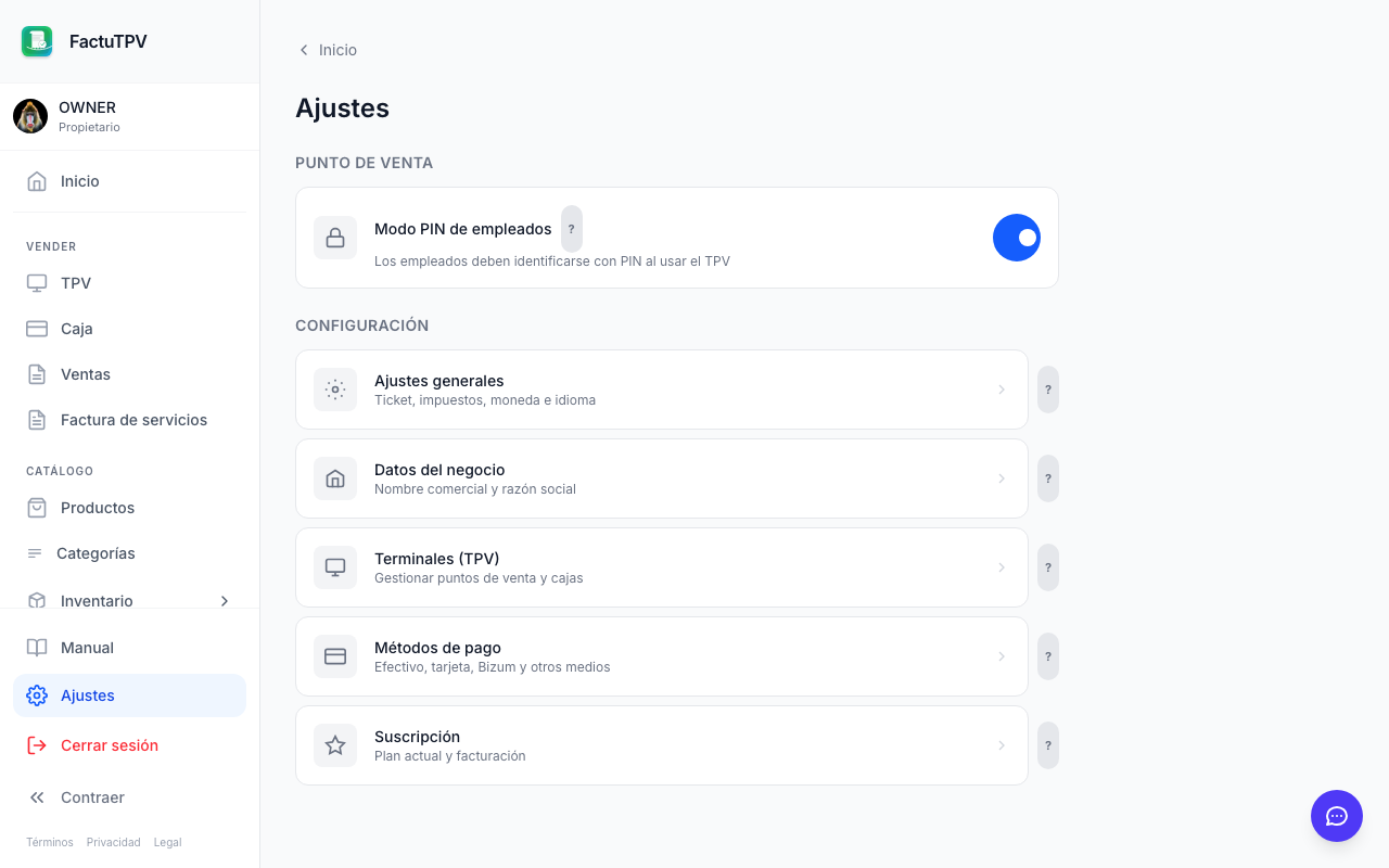 Configuración y ajustes de cuenta en FactuTPV