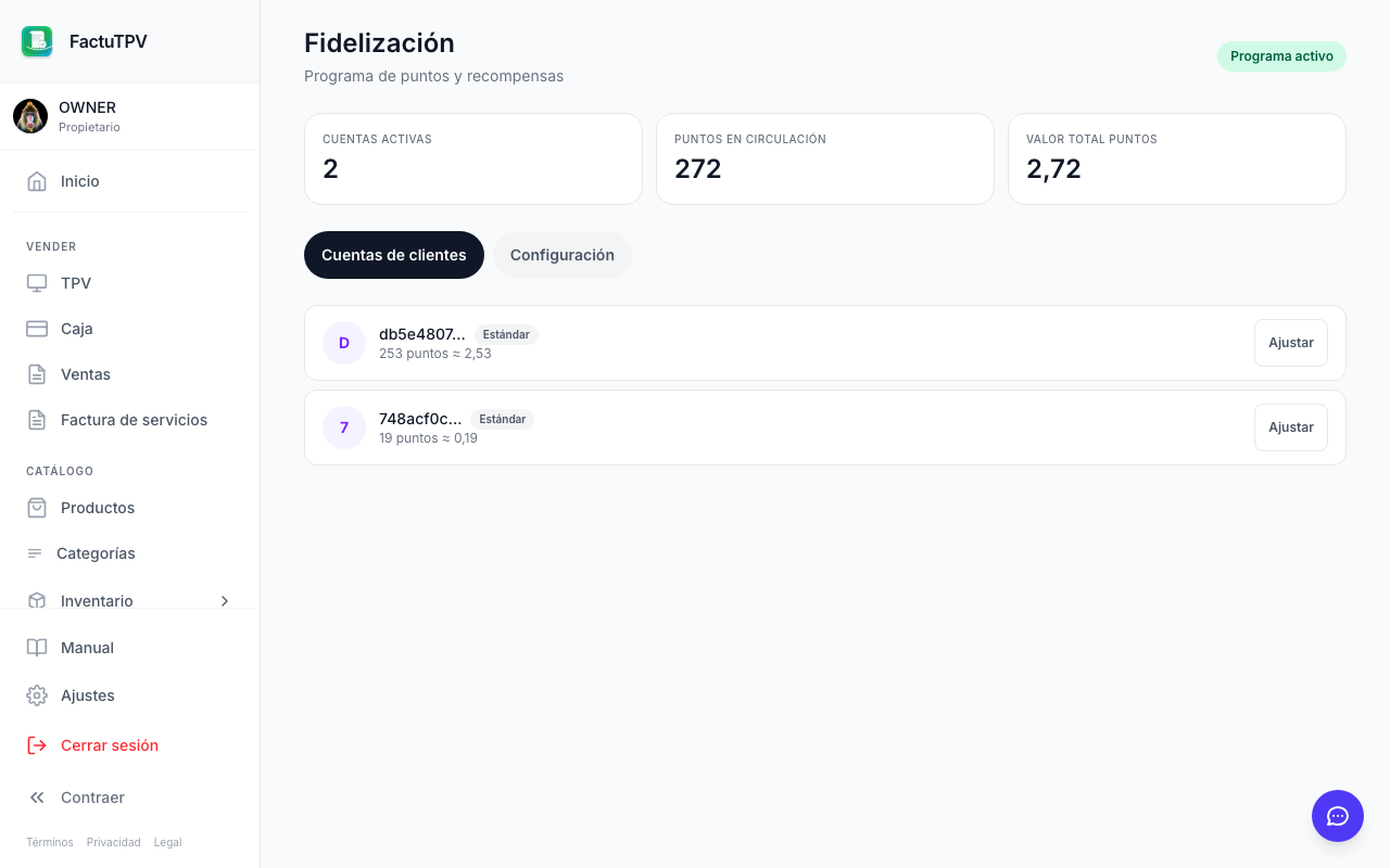 Programa de fidelización en FactuTPV con puntos y recompensas