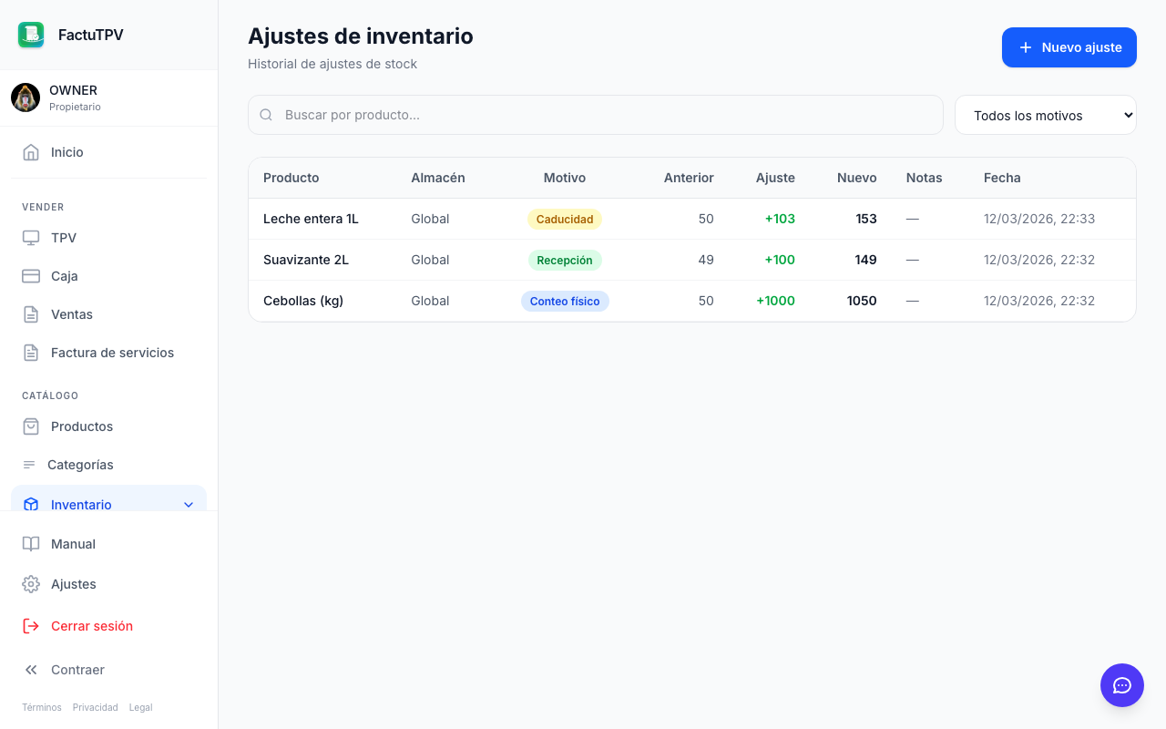 Ajustes de inventario y movimientos de stock en FactuTPV