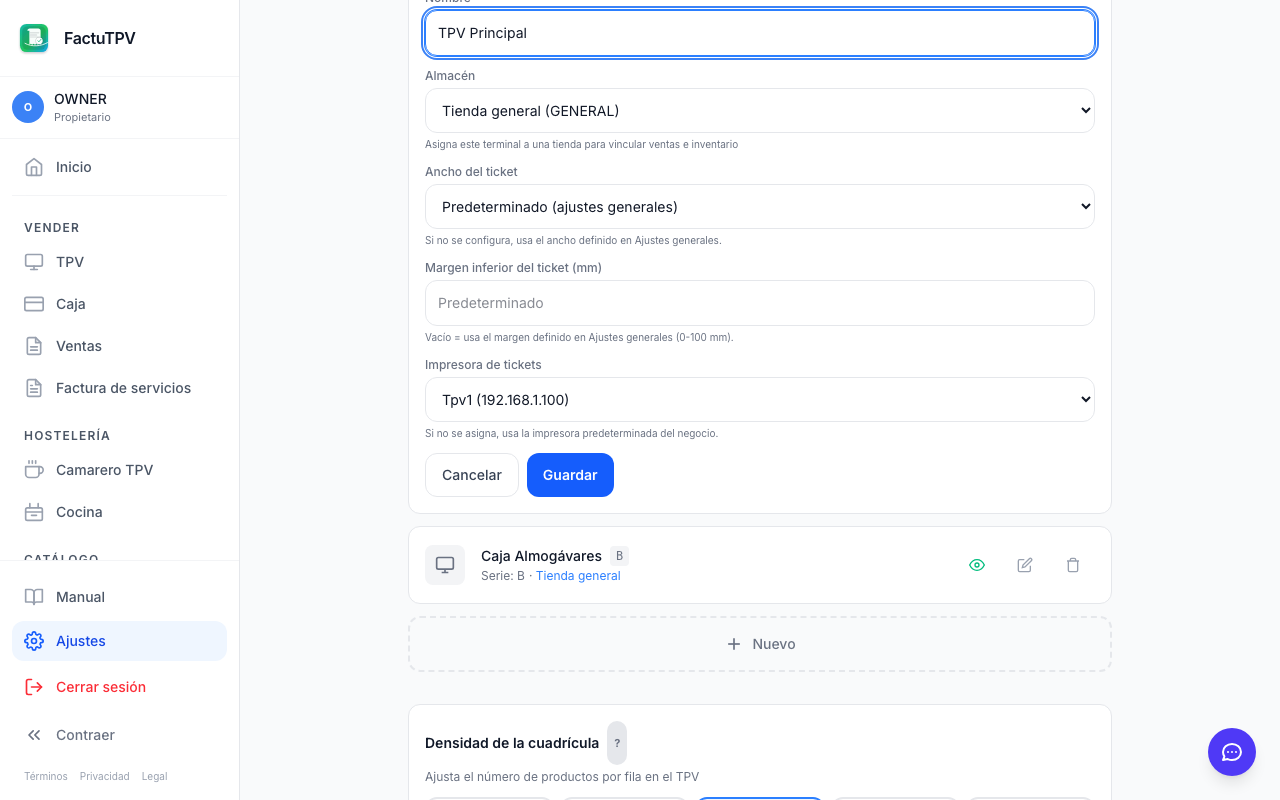 Selector de impresora en la configuración del terminal TPV